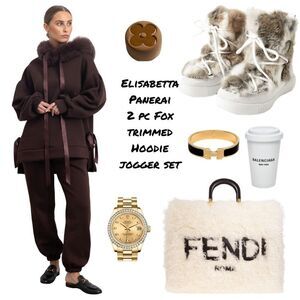 NEW Limited Edition Chocolate Brown 2 piece Fox Fur Trimmed Jogger Set